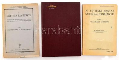 3 db gépírás/gyorsírás témájú könyv: Bódogh János: A magyar gyorsírás kimerítő tankönyve a Gabelsberger-Markovits rendszer szerint. I. rész: Levelező gyorsírás. Bp.-Szeged, 1907, Várnay L., 1 (címkép) t.+ 87+(1) p.+ XXIV p. Átkötött egészvászon-kötésben, az eredeti papírborító bekötve. + Katona Dávid: Az egységes magyar gyorsírás tankönyve. I. rész: Fogalmazási gyorsírás. Szeged, 1927, Városi-ny., 56 p. Kiadói papírkötés. + Jónás Károlyné - Krisch Jenő: A gépírás tankönyve kereskedelmi középiskolák I., II., III. osztálya és női kereskedelmi szaktanfolyamok részére. Bp., [1940], Franklin-Társulat, 120 p. Kiadói papírkötés, kissé sérült.