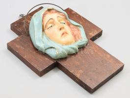cca 19. sz. vége, fali feszület, gipsz Mária arc fa lapon, 27x20 cm