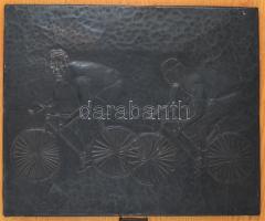 Ismeretlen művész: Biciklizők. Rézlemez kép, fa lapon, 45x55 cm, 70x60 cm