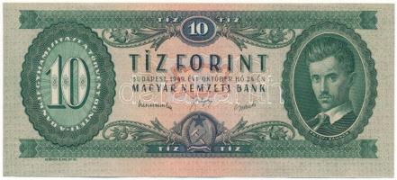 1949. 10Ft "A 014 162366" vágáshibás bankjegy, enyhén ferde vágás az alapnyomathoz képest, szélességre 0,5mm-el rövidebb, magasságra 1-1,5mm-el nagyobb, előlapon lent hosszában pici fehér papír többlet T:AU,XF, hajtatlan, saroktörés, folt Adamo F3