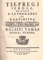 Balásfi Tamás:  Tsepregi iskola, mellyben a' lutheránus és kálvinista Prédikátornak Tanuságokra, és Tévélygésekből való ki térésekre, a' Tsepregi szitok szaporító morgó Prédikátort, az igaz-hit ellen, és Pázmány Péterre való hazugságiért-is, az igazságnak jóra tanító ostorával Iskolazza Balásfi Tamás. Egerben, 1775. A' püspöki oskola bettöivel. [22] + 463 + [1] p. Második kiadás. Példányunk címlapja merített papírra készült másolattal pótolt. Az erdélyi unitárius családból származó, katolizált, Nagyszombatban tanult, Pázmány Péter feltétlen hívének számító Balázsfy Tamás (1580-1625) boszniai címzetes püspök művének első kiadása Pozsonyban, 1616-ban jelent meg. Szenvedélyes, személyeskedésektől sem mentes stílusban megírt hitvitázó irata Zvonarits Imre evangélikus lelkész előző évi (1615-ben megjelent), "Pázmány Péter pironsági" című pamfletével vitázik, és kétségbe vonja a csepregi evangélikus prédikátor Zvonarits Imre tisztességét, tanultságát, valamint elmebéli képességeit. A vita a halottakért mondott ima, a szentek tisztelete, a purgatórium léte és hagyományai körül forog, a csepregi prédikátor megtámadásának pedig nem csupán azért volt jelentősége, mert az előző évben kiadott pamflete magát Pázmányt támadta, hanem azért is, mert a korban Sopron, Sárvár mellett Csepreg mezőváros is komoly evangélikus bástyának számított, mely tüskének tűnt a rekatolizáció mellett elkötelezett, közeli Bécs oldalában. (Néhány évvel később, 1621-ben a császári hadak komoly vérengzést végeztek Csepregen, melynek során a templomba menekült híveket prédikátorukkal együtt lemészárolták, véget vetve Csepreg evangélikus iskolaközponti mivoltának.) Oldalszámozáson belül néhány fametszetű könyvdísszel. Az első előzéken régi kézírásos jegyzet és tulajdonosi bejegyzések. A felső lapszéleken, szövegtükrön kívül, valamint néhány levélen kisebb foltosság. Példányunkból egy ív hiányzik. XX. század első felében készült félvászon kötésben, márványmintás festésű lapszélekkel, a címfelirat a gerincen sárga címkén.