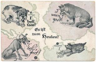 Es ist zum Heulen! / Belfast, Iwangorod, Belfort, Belgrad. WWI military satire with the dogs of Britain, France, Serbia and Russia. Albert Oesterreicher 1163. (fl)