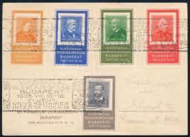 1938 VI. Főiskolai VB Budapest levelezőlap levélzárókkal, alkalmi bélyegzéssel