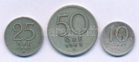 Svédország 1943G 10ö billon + 25ö billon + 50ö billon "V. Gusztáv" T:VF, kis patina Sweden 1943G 10 Öre billon + 25 Öre billon + 50 Öre billon "Gustaf V" C:VF, small patina Krause KM#813, KM#816, KM#817