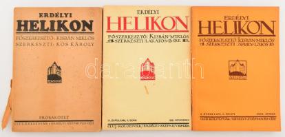 Erdélyi Helikon Próbakötet. Benne I. évf. 1.,2., 3. számok (1928. május, június, július), és IV. évf. 9. szám. (1931. novemer.) Főszerk.: Kisbán Miklós. Szerk.: Kós Károly, Lakatos Imre. Cluj/Kolozsvár, (1932?), Erdélyi Szépmíves Céh, 1 (Gróf Bánffy Miklós rajza, linómetszet) t.+80 p.+1 (Gróf Bánffy Miklós rajza, Helena);+1 (Kós Károly: Vadászház Csúcsán,linómetszet) t.+81-164 p.;1 (A marosvécsi vár, fotó) t.+165-244 p. + 1 ((Zsögödi) Nagy Imre fametszete) t.; 1 (Szentgyörgyi István t.) t -+ 665-744 p. Kiadói papírkötés, foltos borítóval, a IV. évf. 9. sz. borítója előtt szétvált kötéssel, ezt leszámítva jó állapotban.