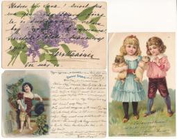 3 db RÉGI (1905 előtti) üdvözlőlap vegyes minőségben, közte lithok / 3 pre-1905 litho greeting art p...