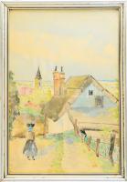 Kós jelzéssel (Kós Géza bajai festő?): Hazafelé. Akvarell, papír, üvegezett fakeretben, hátoldalán Karbuczky Jenő bajai üveg és porcelán kereskedő régi bélyegzőjével, 42,5x28,5 cm