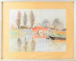 Kós jelzéssel (Kós Géza bajai festő?): Vízpart (Sugovica?). Akvarell, papír, üvegezett fakeretben, hátoldalán Karbuczky Jenő bajai üveg és porcelán kereskedő régi bélyegzőjével, 28x37,5 cm