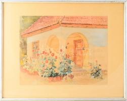 Jelzés nélkül (Kós Géza bajai festő?): Virágos udvar. Akvarell, papír, üvegezett fakeretben, hátoldalán Karbuczky Jenő bajai üveg és porcelán kereskedő régi bélyegzőjével, 28x35,5 cm