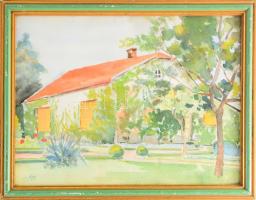 Kós jelzéssel (Kós Géza bajai festő?): Napos udvar. Akvarell, papír, üvegezett kopott fakeretben, hátoldalán Karbuczky Jenő bajai üveg és porcelán kereskedő régi bélyegzőjével, 29x37,5 cm