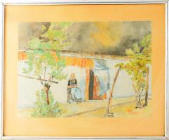 Kós jelzéssel (Kós Géza bajai festő?): Pihenő. Akvarell, papír, üvegezett kopott fakeretben, hátoldalán Karbuczky Jenő bajai üveg és porcelán kereskedő régi bélyegzőjével, 28x40,5 cm