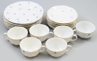 cca 1925 Schirnding Porzellan 6 személyes reggeliző szett, csészék alátéttel és desszertes tányérok, jelzett, kis kopással, egyik csészén pattanással. d: 19 cm
