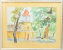 Kós jelzéssel (Kós Géza bajai festő?): Templom szoborral. Akvarell, papír, üvegezett kopott fakeretben, 27x37 cm