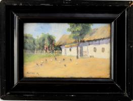 Püspöky M jelzéssel: Tanyaudvar. Olaj, karton. Dekoratív, üvegezett, kissé sérült fakeretben. 10,5×16 cm.