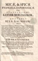 Padányi Biró Márton:  Micae, & spicae evangelico-apostolice. Avagy Evangyéliumi kenyér-mor'zalékok és Apostoli búza-kalászok. Mellyeket Lakadalom szerént a' Mennyei Vőlegénynek el-jövetelekor, ugyan az ő Lelki Menyegzőjében, a' Kristusnak, Anyaszentegyháznak, Szent Atyáknak, és már hiteles Bölcseknek értelmi, és tanitási szerént: a' Kenyereket ugyan, a' Mor'zalékokat önnön magának, a' mindeneket áldásokkal bé-töltő, és meg-elégitő Cselédes Embernek, az Isteni második Személlynek szaporékonysággal meg-áldattatott, és meg-szenteltetett szegett Kenyerébül: A' Kalászokat pedig, az Apostolok gazdag Veteményeknek, 's meg-érett tiszta búzájának aratásából, a' mennyire az idő, más kötelességek, és egyéb sok foglalatosságok engedték, ki-keresgélt, öszve-szedegetett: A' Kalászokbúl-is a' búza-szemeket ki-morzsolgatván, 's a' léhábúl-is szépen ki-tisztogatván, edgyütt a' kenyér mor'zalékokkal, egész esztendőbéli Vasárnapokra, és némelly jelesb Ünnepekre-való Prédikátziókban [. . .] az igaz Hitnek, és Vallás-tételnek asztalára nyilvánosságossan ki-tett, ki-tálalt, és föl-adott Padányi Biró Márton. Győrben, 1756. Nyomtattatott Streibig Gergely János könyvnyomtató által. 1 t. (címkép: a szerző rézmetszetű portréja) + [30] + 396 + [10] p. Első kiadás. Padányi Biró Márton (1693-1762) veszprémi püspök, Veszprém megye örökös főispánja, szenvedélyes hitvitázó, aulikus főúr, mecénás, színes barokk egyéniség. Prédikációs kötete az év vasárnapjaira és ünnepnapjaira szánt szentbeszédeiből válogat. Kötetünk a teljes évet átfogó, ízes magyarsággal megfogalmazott ötkötetes szentbeszéd-gyűjtemény első, önmagában is megálló része, mely az adventi időszaktól a Vízkereszt utáni hatodik vasárnapig tartó évszakasz prédikációit tartalmazza. Az előzékeken, a címkép és az első három, valamint az utolsó három levél szélén, szövegtükrön kívül, a gerincnél apró szúrágásnyom. Az első számozott oldalon apró hiányok, egy levélen szakadásnyom. Három bordára fűzött, vaknyomásos, enyhén hiányos, kissé sérült gerincű korabeli félbőr kötésben, a gerincen apró szúrágásnyomokkal. Jó példány.