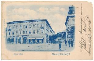 1899 (Vorläufer) Marosvásárhely, Targu Mures; Bolyai utca, Transilvania szálloda és kávéház, Zmael Ferencz üzlete. Holbach E. kiadása / street, hotel and café, shop (EM)