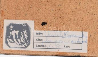 Czóbel Marianna:Páva tűzzománc kép bőr keretben. Jelzett Külső méret 13x27 cm