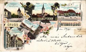 1899 (Vorläufer) Nagyszeben, Hermannstadt, Sibiu; Stadttheater, alte Befestigungsthürme, Saggasse u. ev. Kirche, Grosser Ring mit Baron Brukenthal'schem Palais, Corpscommando u. Hotel Römischer Kaiser, Kleiner Ring mit Ratsturm / Városi színház, erődítmény tornyok, Zsák utca az Evangélikus templommal, Báró Brukenthal-féle palota, Nagy piac, Kis piac, városháza tornya, Hadtestparancsnokság, Római császár szálloda / theatre, towers, street view with Lutheran church, palace, market, town hall's tower, K.u.K. army headquarters, hotel. Georg Meyer Art Nouveau, floral, litho (r)