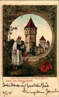 1905 Nagyszeben, Hermannstadt, Sibiu; Sächs. Bürgermädchen und Hartenecktürme. G.A. Seraphin, Jos. Drotleff / Harteneck tornyok. Szecessziós címeres keret hölggyel / towers. Art Nouveau, floral (Rb)