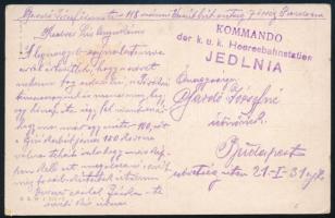 1917 Tábori posta képeslap "KOMMANDO der k.u.k. Heeresbahnstation JEDLNIA"