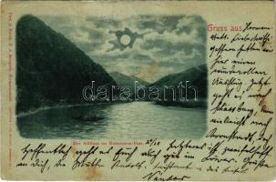 1899 (Vorläufer) Vöröstoronyi-szoros, Roter-Turm-Pass, Pasul Turnu Rosu; Der Altfluss im Rotenturm-Pass. Verl. d. Buch. G. A. Seraphin. Lichtdruck v. Jos. Drotleff / Olt folyó, csónak / river, rowing boat (Rb)