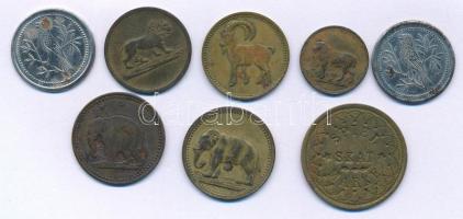 Németország DN 5xklf állat motívumos Cu zseton tétel, ebből az egyik "SPIEL MARKE" + 3xklf játékpénz T:VF, patina Germany ND 5xdiff animal motif Cu token lot, including an "SPIEL MARKE" + 3xdiff playmoney C:VF, patina