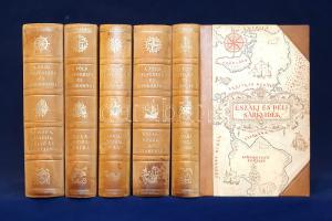 A Föld felfedezői és meghódítói I-V. [Teljes mű öt kötetben.] Budapest, 1938. Révai Irodalmi Intézet (ny.) [2] + 474 + [6] p. + 24 t. (kétoldalas); [2] + 373 + [3] p. + 16 t. (kétoldalas); 371 + [7] p. + 16 t. (kétoldalas); [2] + 441 + [7] p. + 20 t. (kétoldalas); [2] + 236 + [4] + LXVIII p. + 8 t. (kétoldalas). Egyetlen kiadás. A Révai Irodalmi Intézet gondozásában megjelent, olvasmányos stílusban megírt, néprajzi és geopolitikai részletekben bővelkedő felfedezés-történeti sorozat a felfedezések történetét nagyszerű, bátor kalandként formálja meg, mely kaland úgyszólván kizárólagosan a vállalkozásra termett Európából indul ki. A szövegközti térképekkel és természetföldrajzi ábrákkal kísért felfedezés-történeti munka alkalomadtán bőven ismerteti a magyar felfedezők szerepét is (Julianus barát, Benyovszky Móric, Vámbéry Ármin, Stein Aurél, Teleki Sámuel, Széchenyi Béla, Lóczy Lajos), a táblák képanyaga pedig eleven képet formál a kortárs kelet-ázsiai, afrikai városok szerkezetéről, építészetéről és szokásrendjétől. Sorozatunk a felfedezésekkel karöltve járó gyarmatosítás folyamatáról és éppen aktuális konfliktusairól is meglepő lelkesedéssel szól, minthogy szemlátomást ez is hozzátartozik az európai hódítók kalandjához. A kötetek beosztása: I. kötet: Cholnoky Jenő: Európa, Kisázsia, Belső- és Kelet-Ázsia felfedezése és meghódítása - Germanus Gyula: Arábia, Szíria és Mezopotámia felfedezése és meghódítása. II. kötet: Kéz Andor: Észak- és Dél-Afrika felfedezése és meghódítása. III. kötet: Baktay Ervin: India és Indonézia felfedezése és meghódítása - Bulla Béla: Ausztrália és Oceánia felfedezése és meghódítása. IV. kötet: Baktay Ervin: Észak-Amerika felfedezése és meghódítása - Juhász Vilmos: Közép-Amerika felfedezése és meghódítása - Temesy Győző: Dél-Amerika felfedezése és meghódítása. V. kötet: Mendöl Tibor: Az Északi-sark felfedezése és meghódítása - Cholnoky Jenő: A Déli-sark felfedezése és meghódítása. Az első két kötet első előzékén halvány foltosság, a harmadik kötet első előzékén, címlevelén és az azt követő néhány levélen kisebb vízfoltosság. Egységes, aranyozott, álbordázott gerincű, színes, illusztrált kiadói félbőr kötésben. Jó példány.