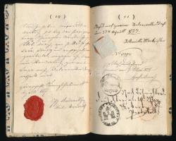 1837 Vándorkönyv, azonosítatlan iparos részére, német nyelvű cseh bejegyzésekkel (Schlan, Carlsbad, ...