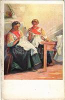 Gyetva, Detva; Ungarische Völkertypen: Slovaken aus Detva nach Originalen von Jar. Augusta. Serie II. Stickmädchen / Szlovák folklór, hímző leányok / Slovak folklore, making embroidery (EK)
