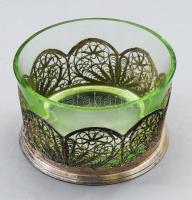 Színes üvegbetétes kínáló, filigrán ezüstözött szerelékkel, d: 12 cm, m: 7 cm