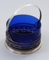 Színes üvegbetétes kínáló, filigrán ezüstözött szerelékkel, d: 12 cm, m: 6,5 cm