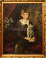 Olvashatatlan jelzéssel: Kislány cicával, 1932. Olaj, vászon, apró sérülésekkel. Dekoratív, kissé sérült fakeretben. 105×80 cm. KIZÁRÓLAG SZEMÉLYES ÁTVÉTEL, NEM POSTÁZZUK! / ONLY PERSONAL COLLECTION AT OUR OFFICE!