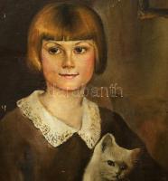 Olvashatatlan jelzéssel: Kislány cicával, 1932. Olaj, vászon, apró sérülésekkel. Dekoratív, kissé sé...