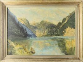 Olvashatatlan jelzéssel: Hegyvidéki tó. Olaj, karton. Dekoratív, egyik sarkában kissé sérült fakeretben. 50×70 cm.