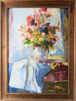 Blaski Márta (1946-2019): Virágcsendélet, 1988. Olaj, farost. Kissé kopott fakeretben. 70×50 cm.