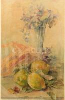 Jelzés nélkül: Csendélet citromokkal és kukoricával. Akvarell, papír. Üvegezett, dekoratív, kissé sérült fakeretben. 46×29,5 cm.