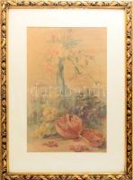 Jelzés nélkül: Csendélet gránátalmával. Akvarell, papír. Üvegezett, dekoratív, kissé kopott fakeretb...