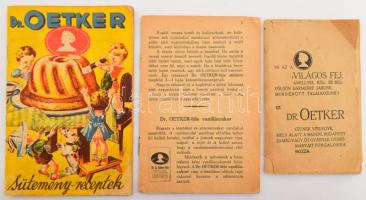 cca 1920-1930 Vegyes Dr. Oetker füzet tétel, 3 db:  Dr. Oetker sütemény-receptek. hn.,én., nyn., 31p. Fekete-fehér és színes illusztrációkkal. Kiadói papírkötés, kissé foltos lapokkal, jó állapotban.;  [Hogyan készül a jó sütemény? Megmondja nekünk a világos fej!Bp.,én.,Oetker,] 80 p. Kiadói papírkötés, borítóhiánnyal, kissé foltos, kissé szakadt borítóval.;   Hiányos Dr. Oetker füzet, az utolsó lapon jegyzettel, benne receptekkel, 5-44 p.
