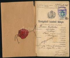1896 Szolgálati cselédkönyv, okmánybélyeggel, bejegyzésekkel, viaszpecséttel, a cseléd dr. Kossuth László orvosnál is állt alkalmazásban