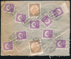 1926 Korona-fillér vegyes bérmentesítés 2 x 2500K + 9 x 4f bélyeggel expressz ajánlott levélen