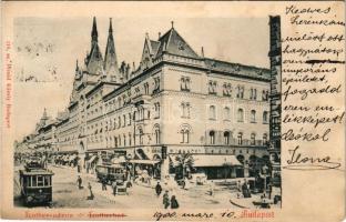 1900 Budapest VIII. Kerepesi út és Luther udvar, Munkácsy kávéház, üzletek, villamos. Divald Károly 210. sz. (hullámos / wavy)