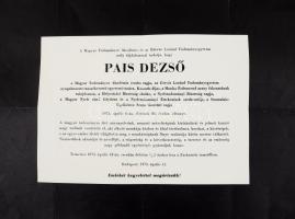 1973 Pais Dezső (1886-1973) Kossuth-díjas magyar nyelvész, nyelvtörténész halálozási értesítője