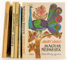 7 db mesekönyv: Arany László: Magyar népmesék.; Az öreg holló meséi.; Pif kalandjai.; A varjúkirály.; A kölestolvaj.; A madárasszony.; Karácsony hava. - Hófehérke karácsonya. Kiadói papírkötés / kartonált papírkötés, vegyes állapotban.