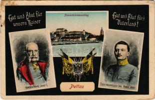 Ptuj, Pettau; Gut und Blut für unsern Kaiser, Gut und Blut fürs Vaterland! Pionierbrückenschlag, Kaiser Franz Josef I, Erzh. Thronfolger Carl Franz Josef. W. Blanke / Első világháborús osztrák-magyar katonai művészlap, Ferenc József és Károly trónörökös / WWI Austro-Hungarian K.u.k. military art postcard, Franz Joseph I of Austria, Prince Carl + "Von der Armee im Felde" (EB)