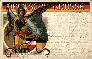 1900 Deutsche Grüsse, Sankt Michael. Lith. Kunstanstalt Heinr. &amp;Aug. Brüning / német katonai művészlap / German military art postcard. litho (EB)