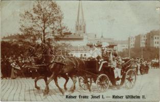 1909 Kaiser Wilhelm II. und Kaiser Franz Josef I. / II. Vilmos német császár és I. Ferenc József császár hintóban / Emperors Wilhelm II of Germany and Franz Joseph I of Austria in carriag. photo (kis szakadás / small tear)