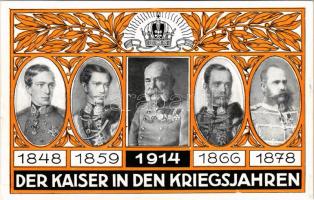 1848-1859-1866-1878-1914 Ferenc József portréja különböző harcok idején. Szecessziós lap / Der Kaiser in den Kriegsjahren / Franz Joseph at the time of various wars. Offizielle Postkarte für das Rote Kreuz, Kriegsfürsorgeamt und Kriegshilfsbüro 12. Art Nouveau (EK)