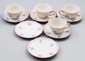 Zsolnay lila szélű tollazott 4 darab csésze 6 darab alátéttel, jelzett, minimális kopással, d: 11,5 cm