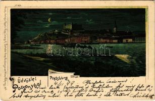 1899 (Vorläufer) Pozsony, Pressburg, Bratislava; Duna, vár, gőzhajó este / Danube, castle, steamship at night. Druck u. Verlag v. Regel u. Krug No. 1898. litho (Rb)