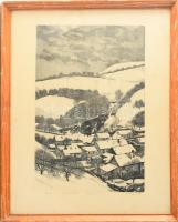 Gaál Domonkos (1940-2009): Falu a Mátrában. Rézkarc, papír, jelzett, számozott (69/100). Üvegezett, kopott fakeretben, 39x25 cm